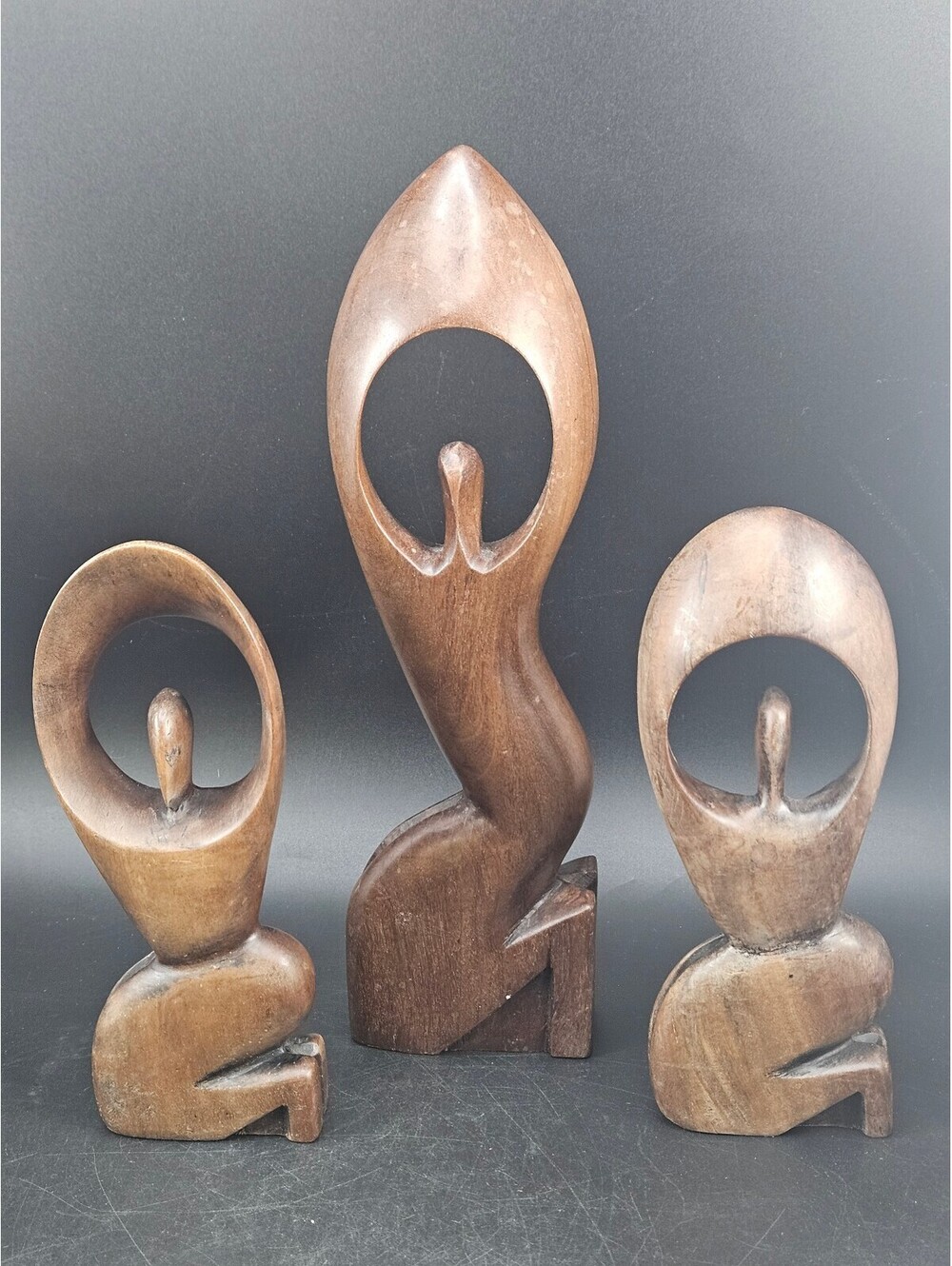 Vintage Mid Century Modernist Abstract Wood Carved Figure Trio Sculptures Art